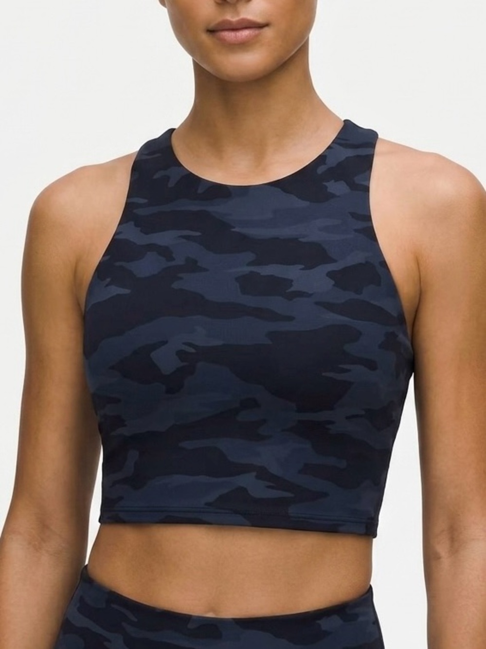 Athleta Medium Camo Sports Bra High Neck Crop Top Black Gray Minimalist